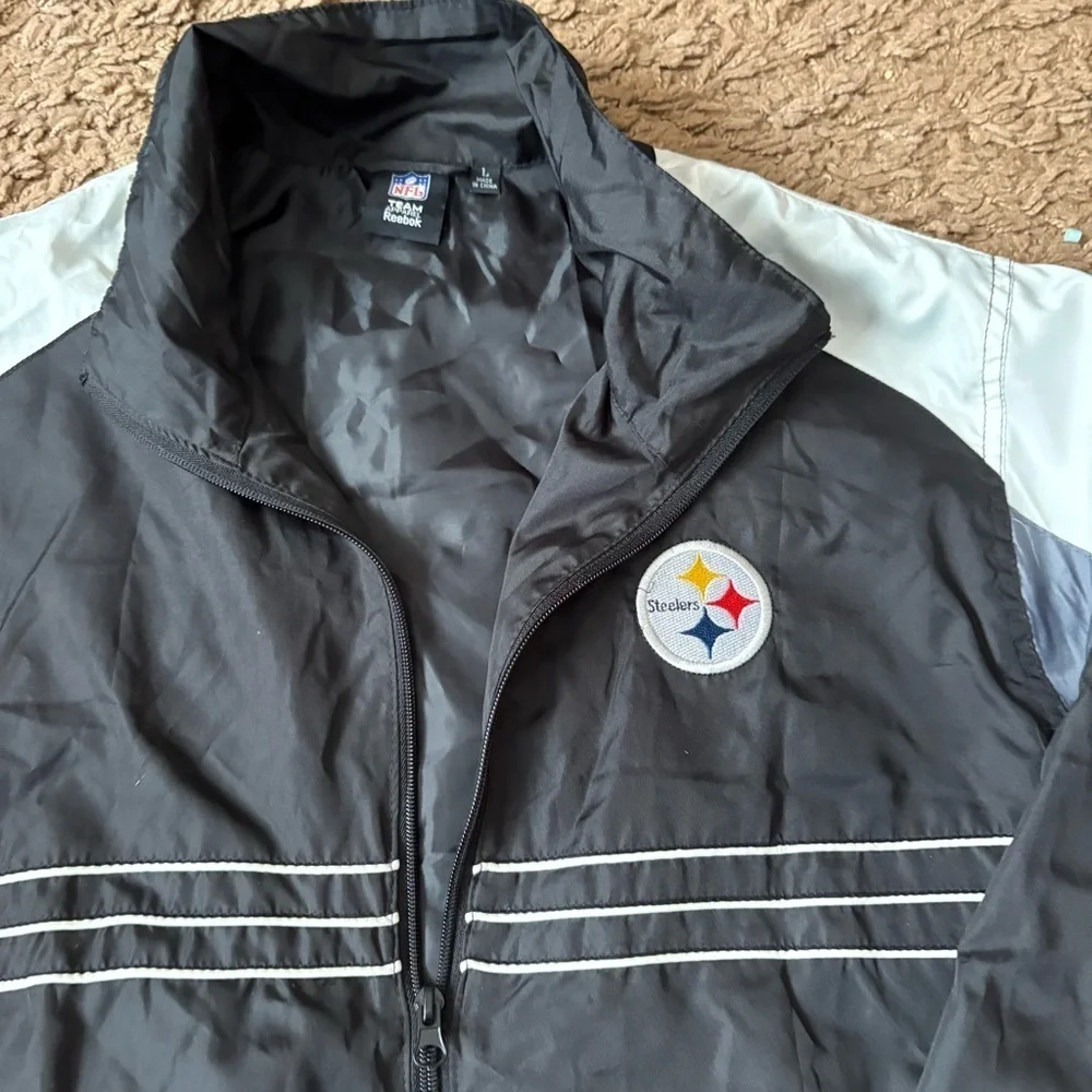 Vintage Reebok Pittsburgh Steelers Windbreaker Jacket Mens Large Black Full Zip